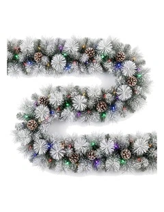 Christabelle 2.74m Alpine Snow Christmas Garland Pre Lit Multi Function LED Timer Flocked Pine Cones