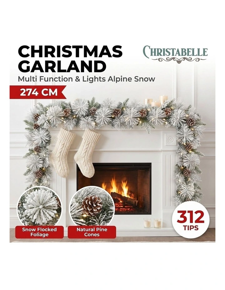 Christabelle 2.74m Alpine Snow Christmas Garland Pre Lit Multi Function LED Timer Flocked Pine Cones image 4
