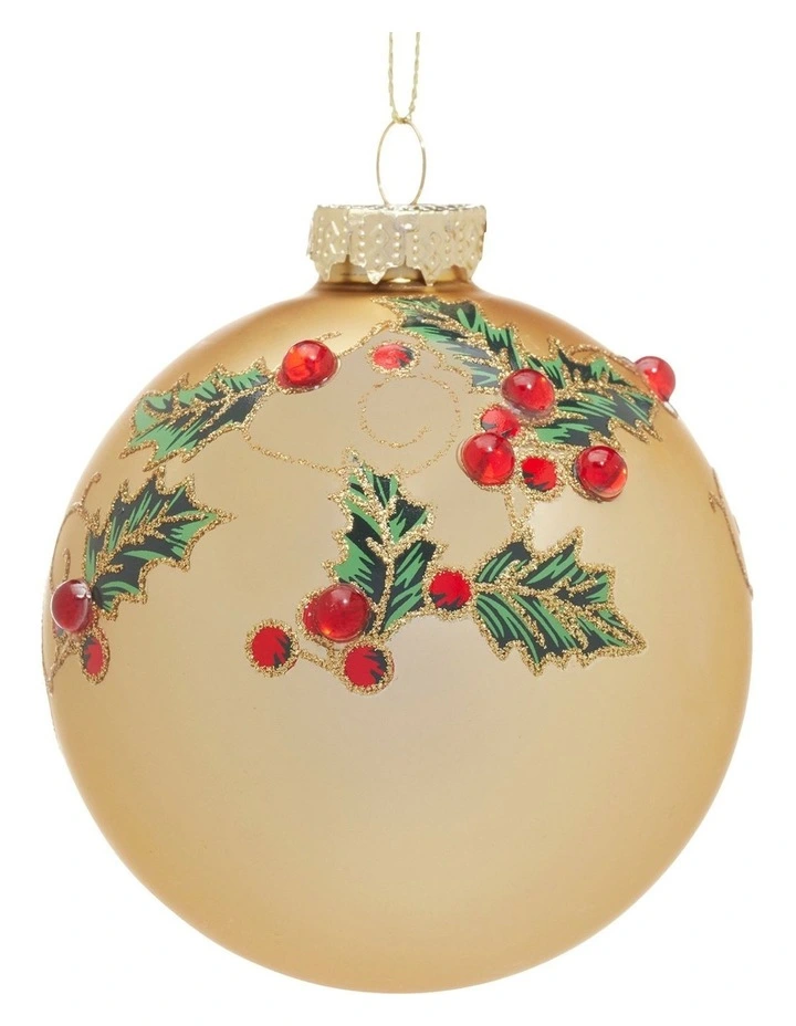 Christabelle Box of 6 Gold Glass Baubles with Holly Pattern and Jewels image 1