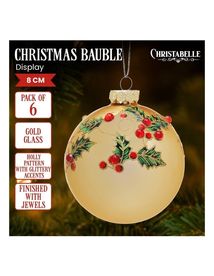 Christabelle Box of 6 Gold Glass Baubles with Holly Pattern and Jewels image 2
