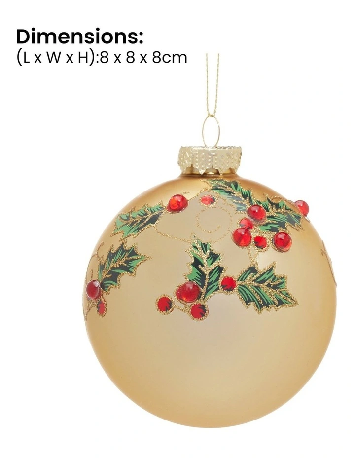 Christabelle Box of 6 Gold Glass Baubles with Holly Pattern and Jewels image 3