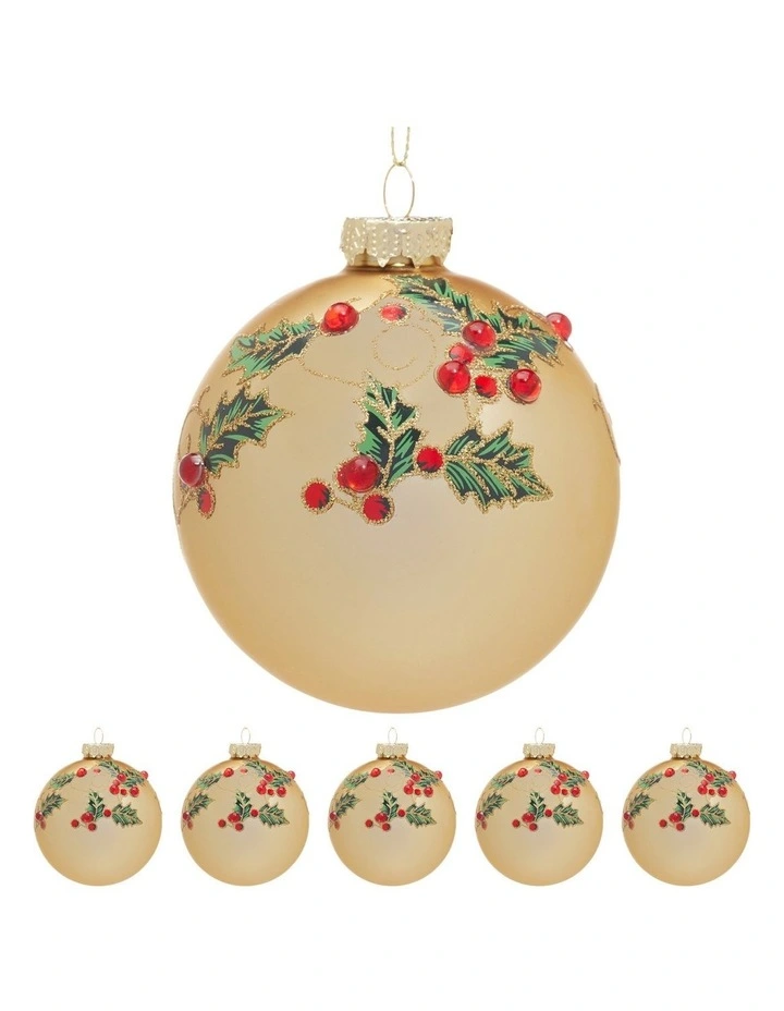 Christabelle Box of 6 Gold Glass Baubles with Holly Pattern and Jewels image 4