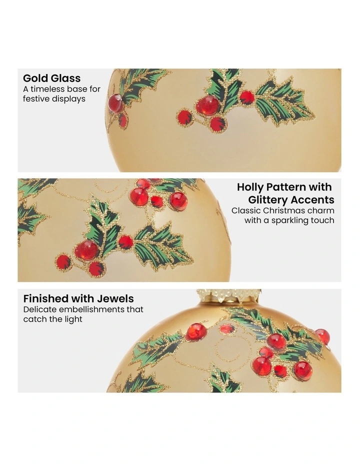 Christabelle Box of 6 Gold Glass Baubles with Holly Pattern and Jewels image 5