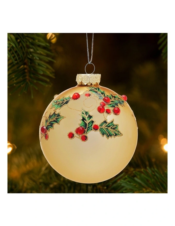 Christabelle Box of 6 Gold Glass Baubles with Holly Pattern and Jewels image 6