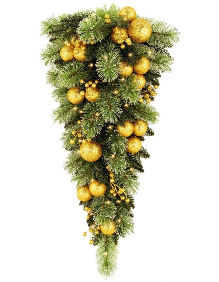 Christabelle 90cm Gold Christmas Teardrop Wreath Pre Lit Warm White LED Timer Door Decoration image 1