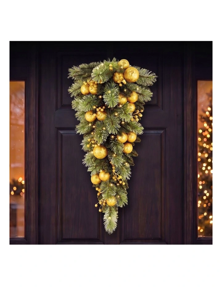 Christabelle 90cm Gold Christmas Teardrop Wreath Pre Lit Warm White LED Timer Door Decoration image 2