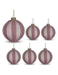 Christabelle 6 Dusty Pink Glass Christmas Baubles White Striped 8cm Xmas Tree Decorations