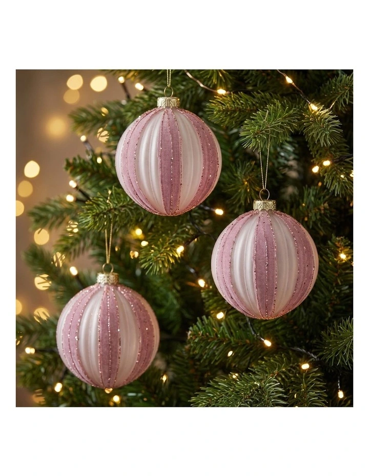 Christabelle 6 Dusty Pink Glass Christmas Baubles White Striped 8cm Xmas Tree Decorations image 2