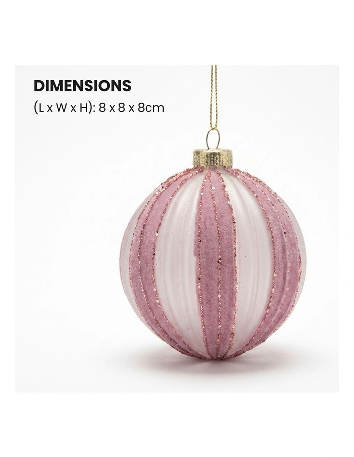 Christabelle 6 Dusty Pink Glass Christmas Baubles White Striped 8cm Xmas Tree Decorations image 3