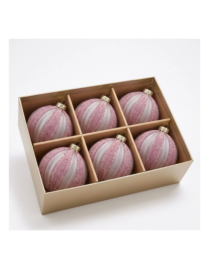 Christabelle 6 Dusty Pink Glass Christmas Baubles White Striped 8cm Xmas Tree Decorations image 4