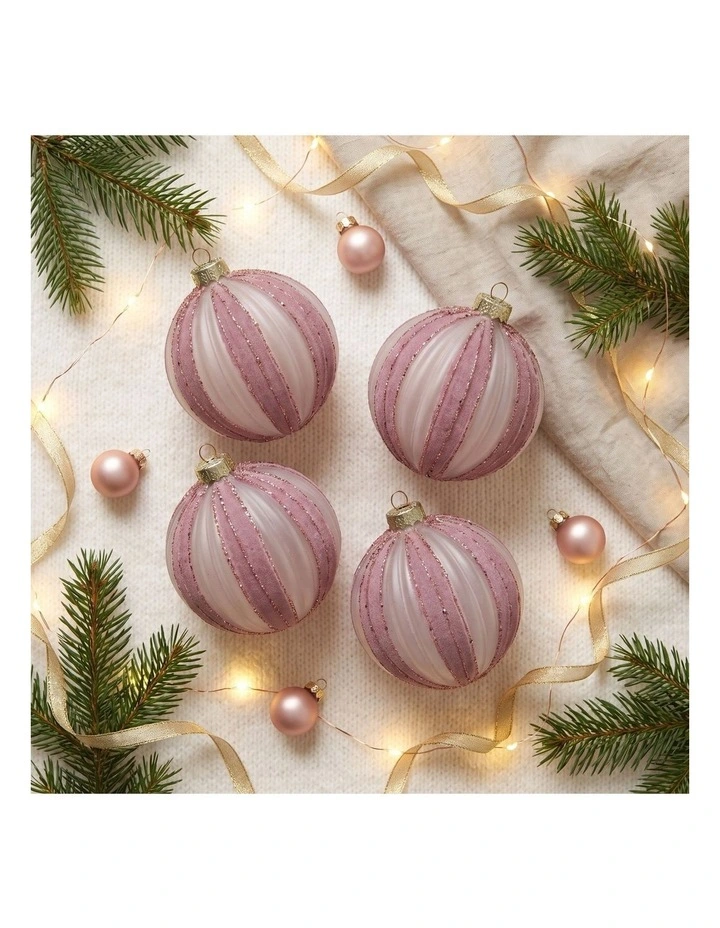 Christabelle 6 Dusty Pink Glass Christmas Baubles White Striped 8cm Xmas Tree Decorations image 6