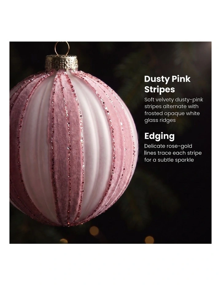 Christabelle 6 Dusty Pink Glass Christmas Baubles White Striped 8cm Xmas Tree Decorations image 7