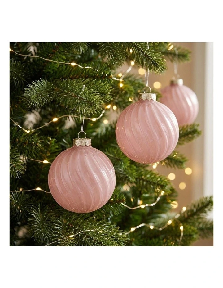 Christabelle 6 Pink Glass Christmas Baubles Gloss Textured 8cm Xmas Decorations Hanging Ornaments image 6