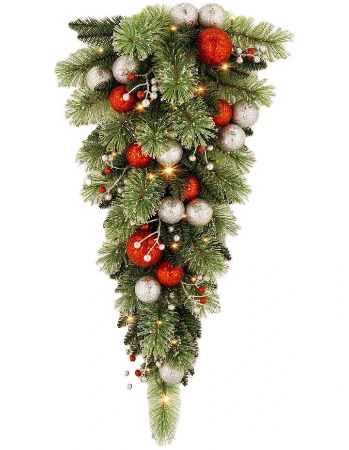 Christabelle 90cm Jingle Bells Christmas Teardrop Wreath Pre Lit Warm White LED Baubles Decoration image 1