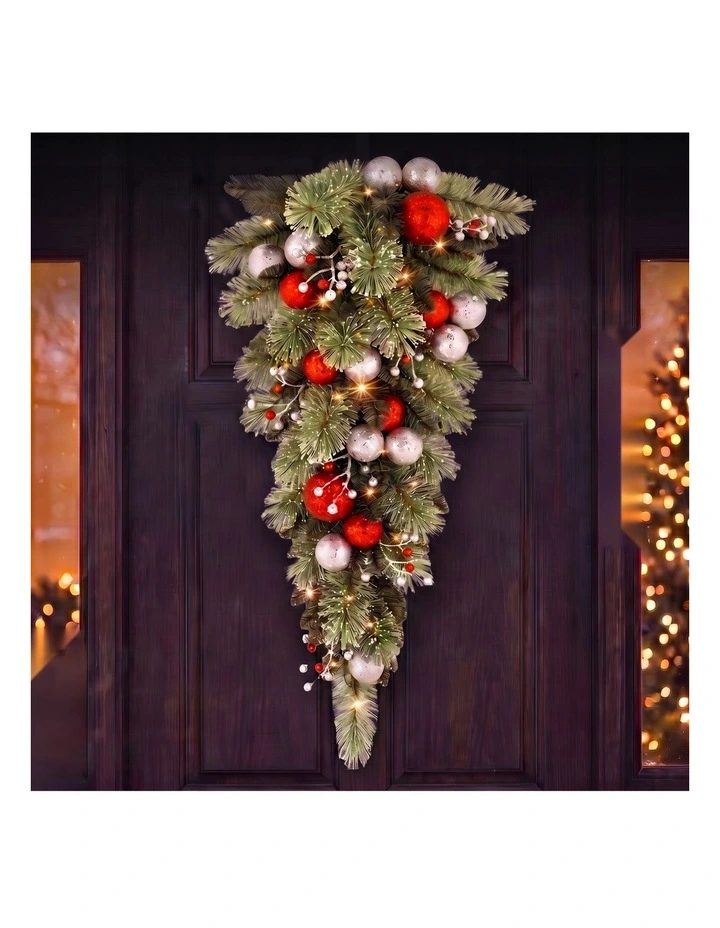 Christabelle 90cm Jingle Bells Christmas Teardrop Wreath Pre Lit Warm White LED Baubles Decoration image 2