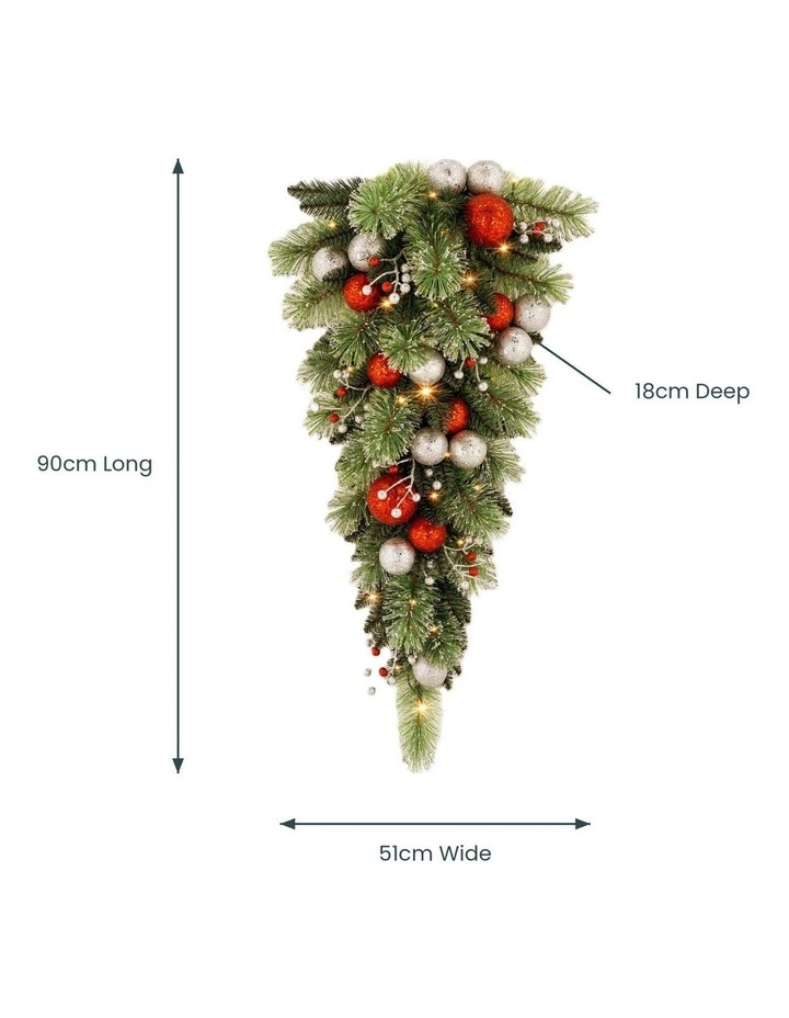Christabelle 90cm Jingle Bells Christmas Teardrop Wreath Pre Lit Warm White LED Baubles Decoration image 3