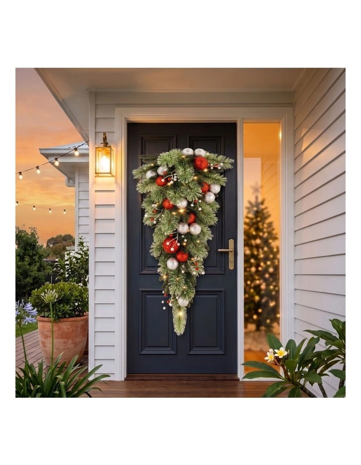 Christabelle 90cm Jingle Bells Christmas Teardrop Wreath Pre Lit Warm White LED Baubles Decoration image 6