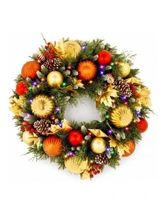 Christabelle 61cm Timeless Elegance Christmas Wreath Pre Lit Multi Function LED Gold Red Baubles