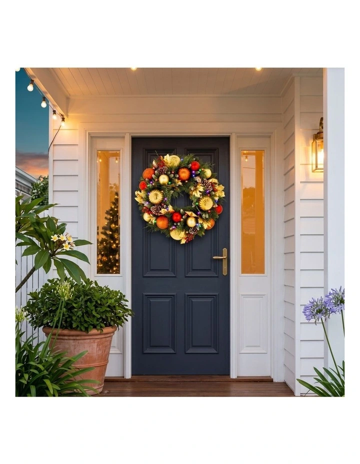 Christabelle 61cm Timeless Elegance Christmas Wreath Pre Lit Multi Function LED Gold Red Baubles image 2