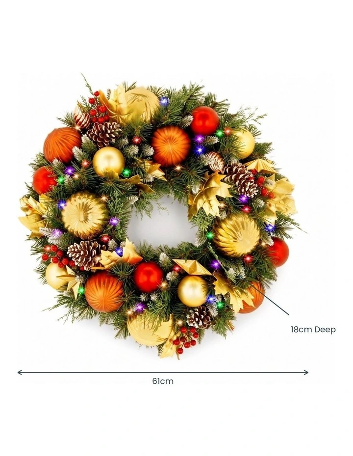 Christabelle 61cm Timeless Elegance Christmas Wreath Pre Lit Multi Function LED Gold Red Baubles image 3