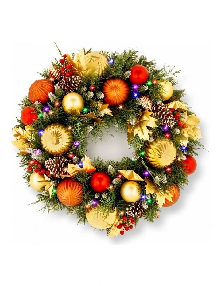 Christabelle 61cm Timeless Elegance Christmas Wreath Pre Lit Multi Function LED Gold Red Baubles image 5