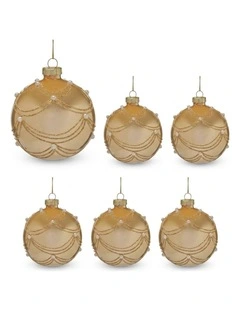 Christabelle 6 Champagne Glass Christmas Baubles Gold Swirl Pearl 8cm Xmas Tree Hanging Ornaments