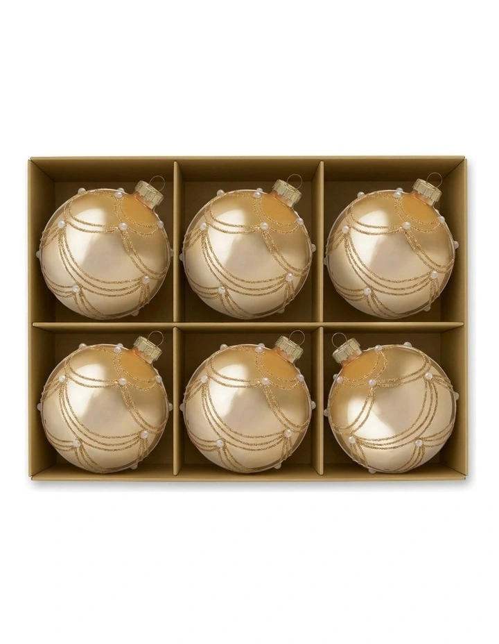 Christabelle 6 Champagne Glass Christmas Baubles Gold Swirl Pearl 8cm Xmas Tree Hanging Ornaments image 3