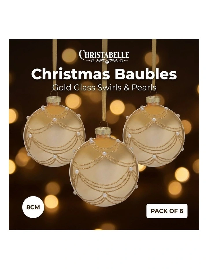Christabelle 6 Champagne Glass Christmas Baubles Gold Swirl Pearl 8cm Xmas Tree Hanging Ornaments image 7