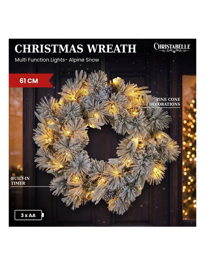 Christabelle 61cm Alpine Snow Christmas Wreath Pre Lit Multi Function LED Timer Xmas Decoration Home image 5