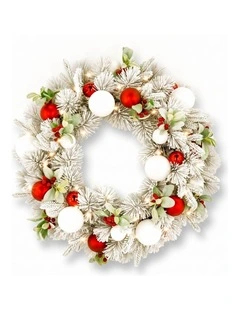 Christabelle 76cm Snowy Elegance Christmas Wreath Pre Lit Warm White LED Red Baubles Berries