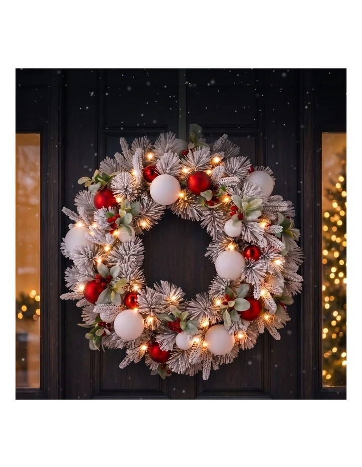 Christabelle 76cm Snowy Elegance Christmas Wreath Pre Lit Warm White LED Red Baubles Berries image 2