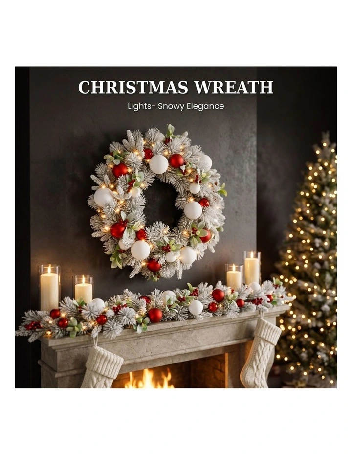 Christabelle 76cm Snowy Elegance Christmas Wreath Pre Lit Warm White LED Red Baubles Berries image 3