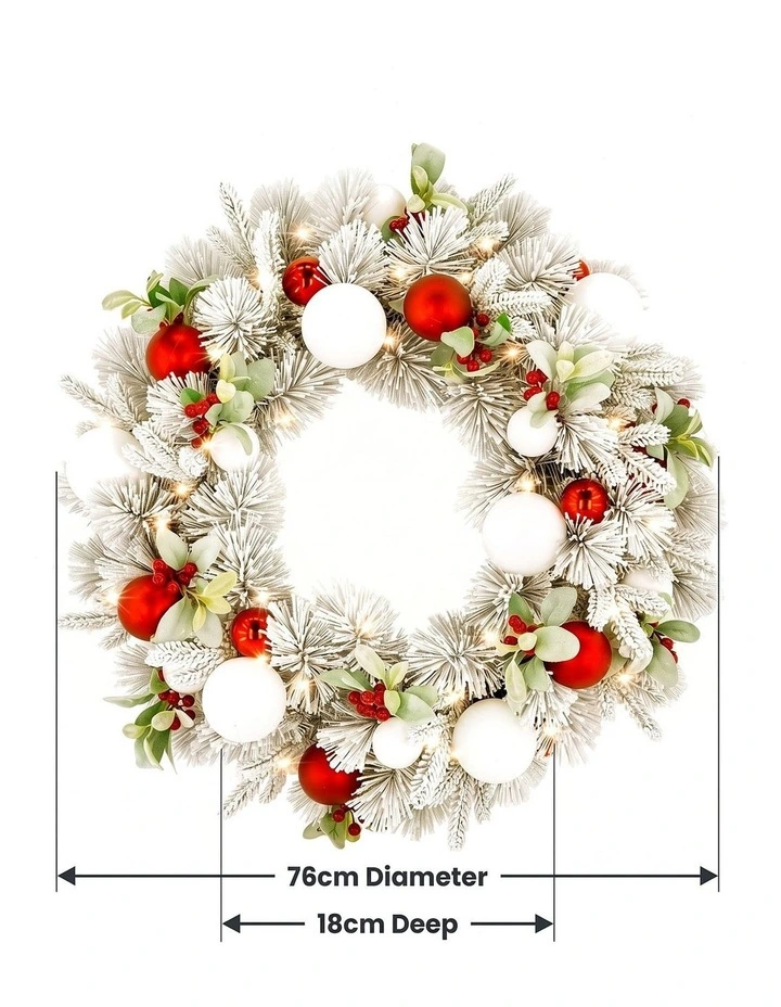Christabelle 76cm Snowy Elegance Christmas Wreath Pre Lit Warm White LED Red Baubles Berries image 4