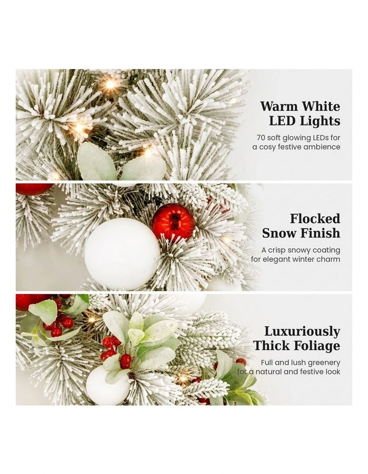 Christabelle 76cm Snowy Elegance Christmas Wreath Pre Lit Warm White LED Red Baubles Berries image 7