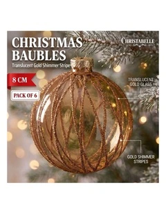 Christabelle 6 Gold Glass Christmas Baubles Shimmering Stripe Translucent 8cm Xmas Tree Decorations