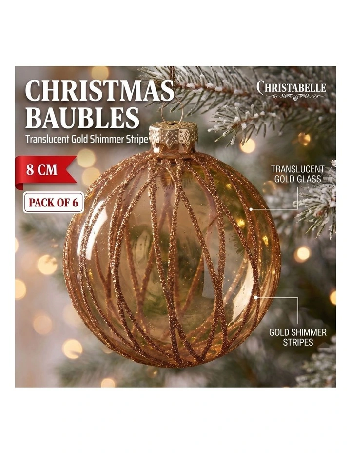 Christabelle 6 Gold Glass Christmas Baubles Shimmering Stripe Translucent 8cm Xmas Tree Decorations image 1
