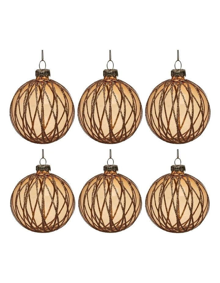 Christabelle 6 Gold Glass Christmas Baubles Shimmering Stripe Translucent 8cm Xmas Tree Decorations image 2