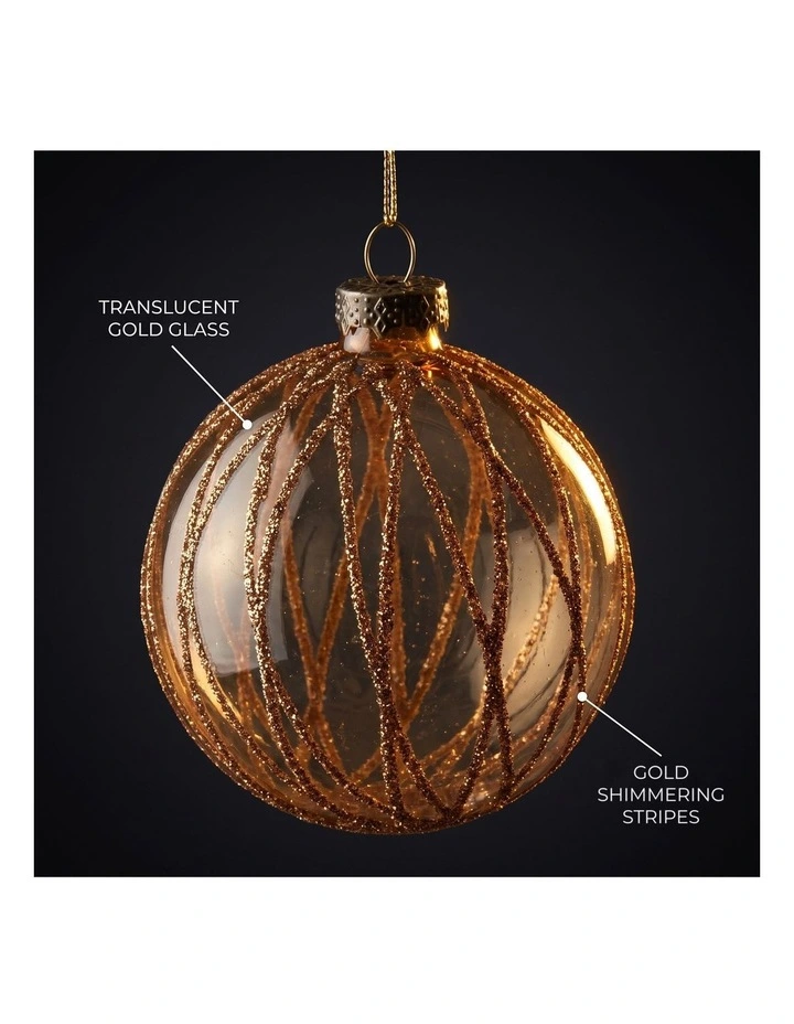 Christabelle 6 Gold Glass Christmas Baubles Shimmering Stripe Translucent 8cm Xmas Tree Decorations image 3