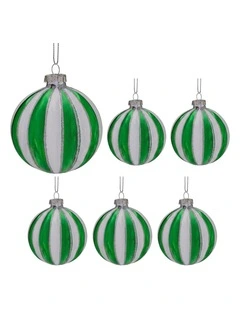 Christabelle 6 Green White Glass Christmas Baubles Striped 8cm Xmas Tree Hanging Ornaments