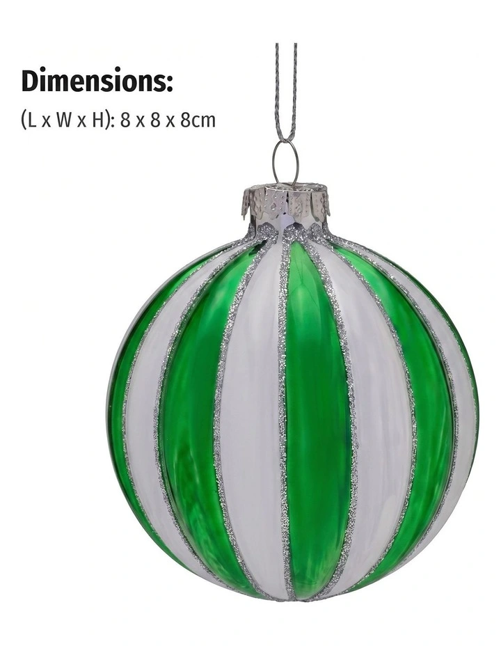 Christabelle 6 Green White Glass Christmas Baubles Striped 8cm Xmas Tree Hanging Ornaments image 2
