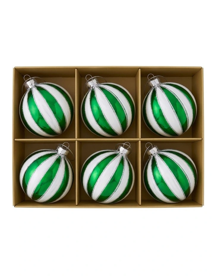 Christabelle 6 Green White Glass Christmas Baubles Striped 8cm Xmas Tree Hanging Ornaments image 3