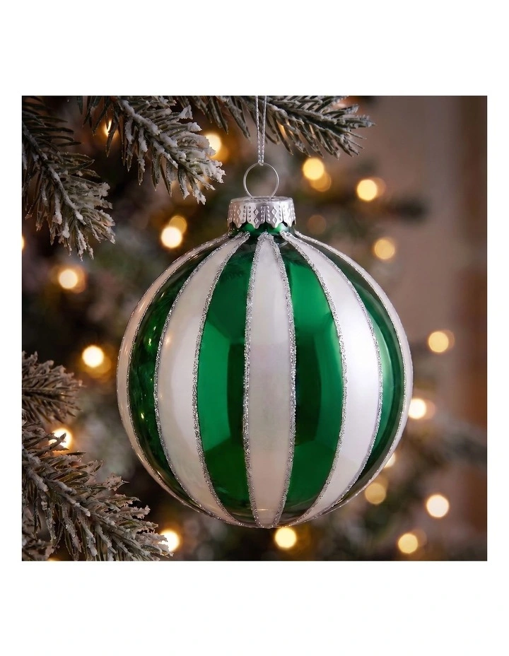 Christabelle 6 Green White Glass Christmas Baubles Striped 8cm Xmas Tree Hanging Ornaments image 4