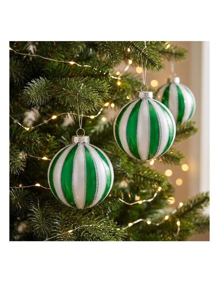 Christabelle 6 Green White Glass Christmas Baubles Striped 8cm Xmas Tree Hanging Ornaments image 5