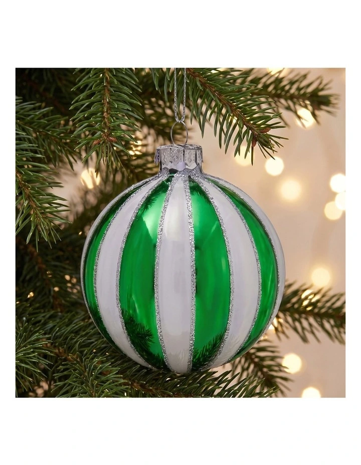 Christabelle 6 Green White Glass Christmas Baubles Striped 8cm Xmas Tree Hanging Ornaments image 6