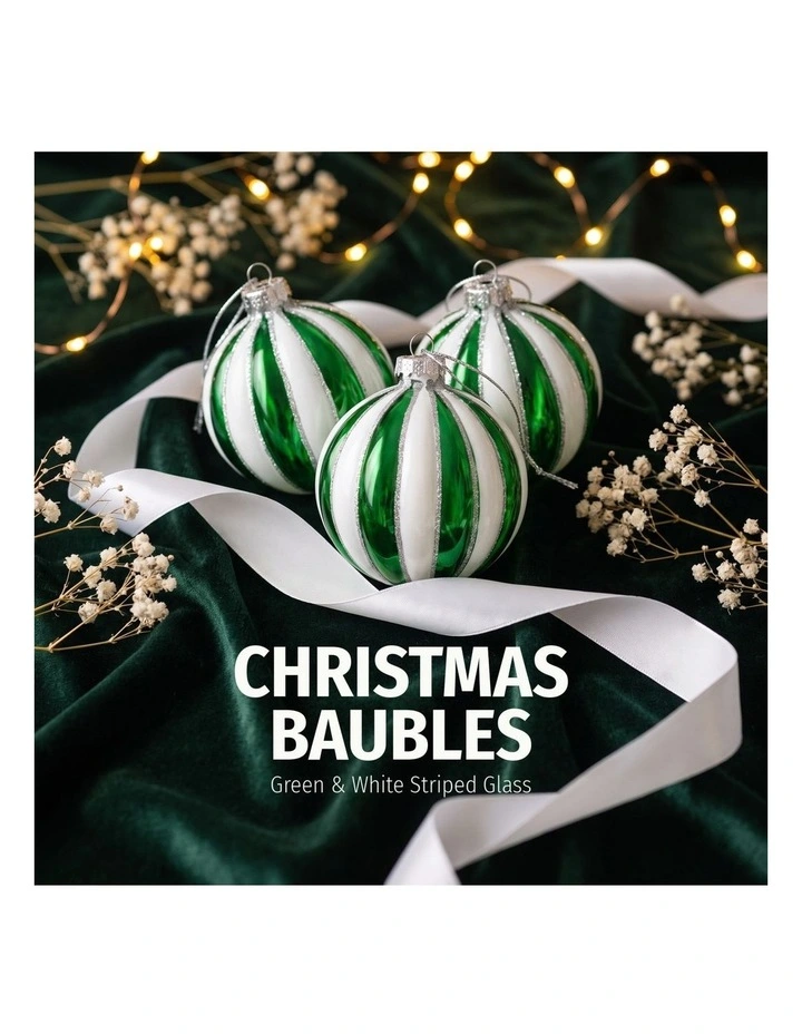Christabelle 6 Green White Glass Christmas Baubles Striped 8cm Xmas Tree Hanging Ornaments image 7