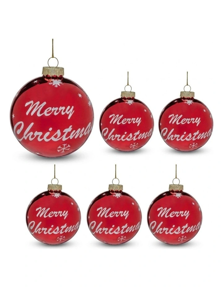 Christabelle 6 Red Glass Christmas Baubles Merry Christmas Design 8cm Xmas Tree Decorations image 1