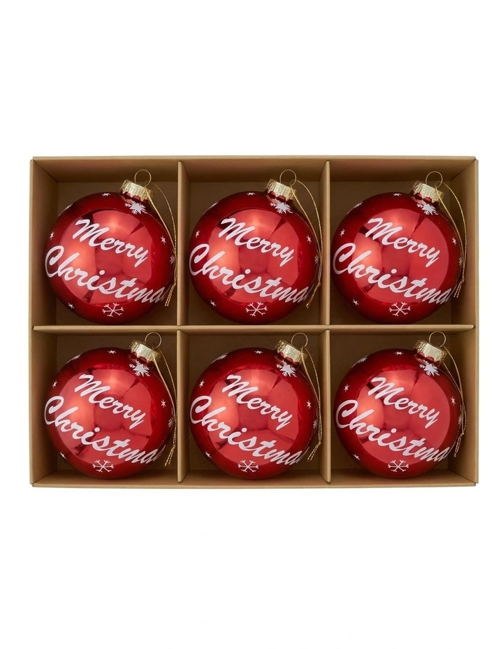Christabelle 6 Red Glass Christmas Baubles Merry Christmas Design 8cm Xmas Tree Decorations image 3