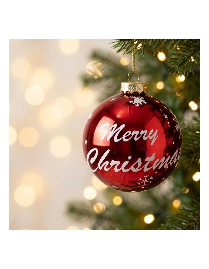 Christabelle 6 Red Glass Christmas Baubles Merry Christmas Design 8cm Xmas Tree Decorations image 4