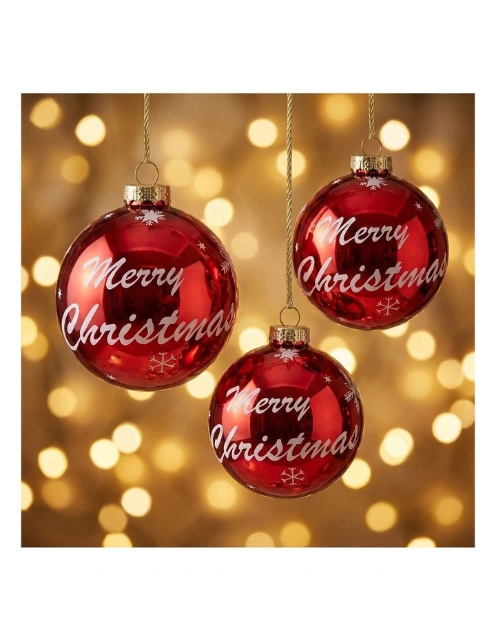Christabelle 6 Red Glass Christmas Baubles Merry Christmas Design 8cm Xmas Tree Decorations image 5