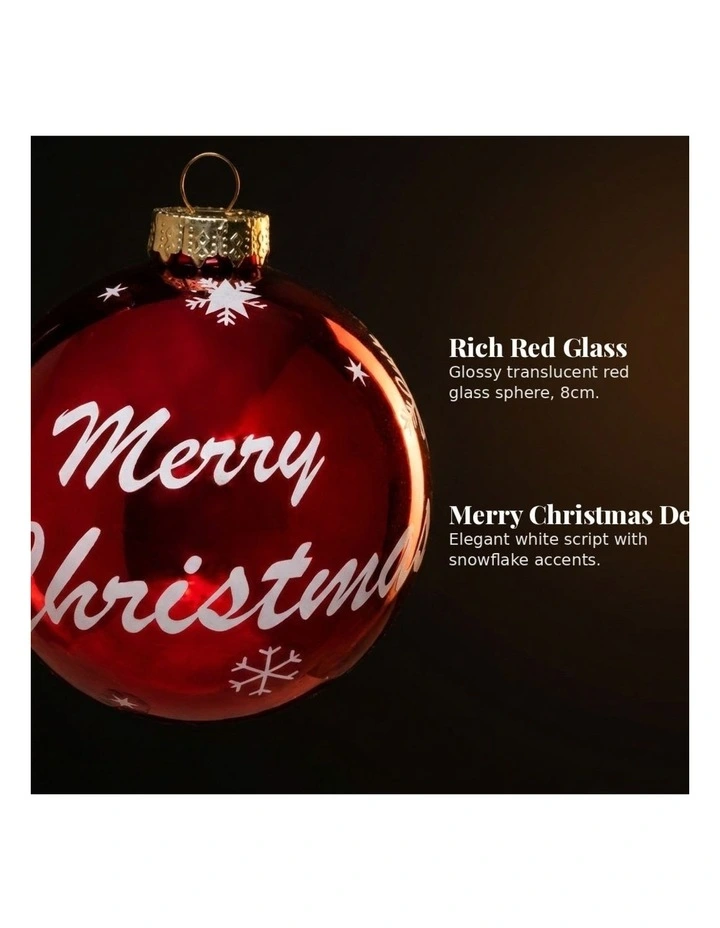 Christabelle 6 Red Glass Christmas Baubles Merry Christmas Design 8cm Xmas Tree Decorations image 6
